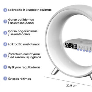 LED-lampe med trådløs telefonlader, høyttaler og vekkerklokke Užsisakykite Trendai.lt 15