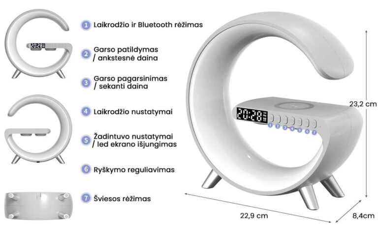 LED-lampe med trådløs telefonlader, høyttaler og vekkerklokke Užsisakykite Trendai.lt 8